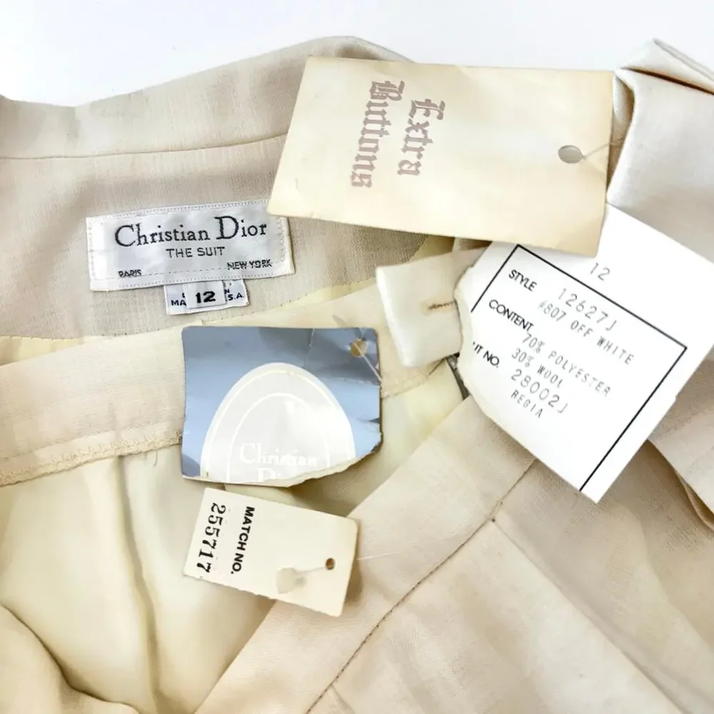 Christian Dior Suit 2pc Double Breasted Blazer and Skirt Cream 12 Vtg w/ Tags